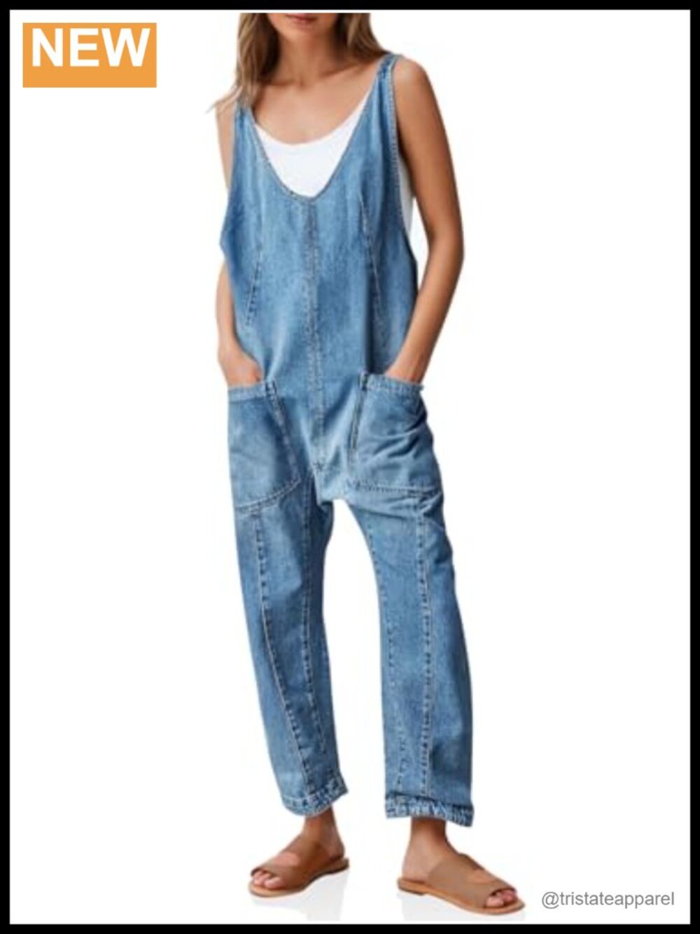 Women's Denim Overall Jumpsuit Sleeveless V Neck Adjustable Straps Wide Leg
